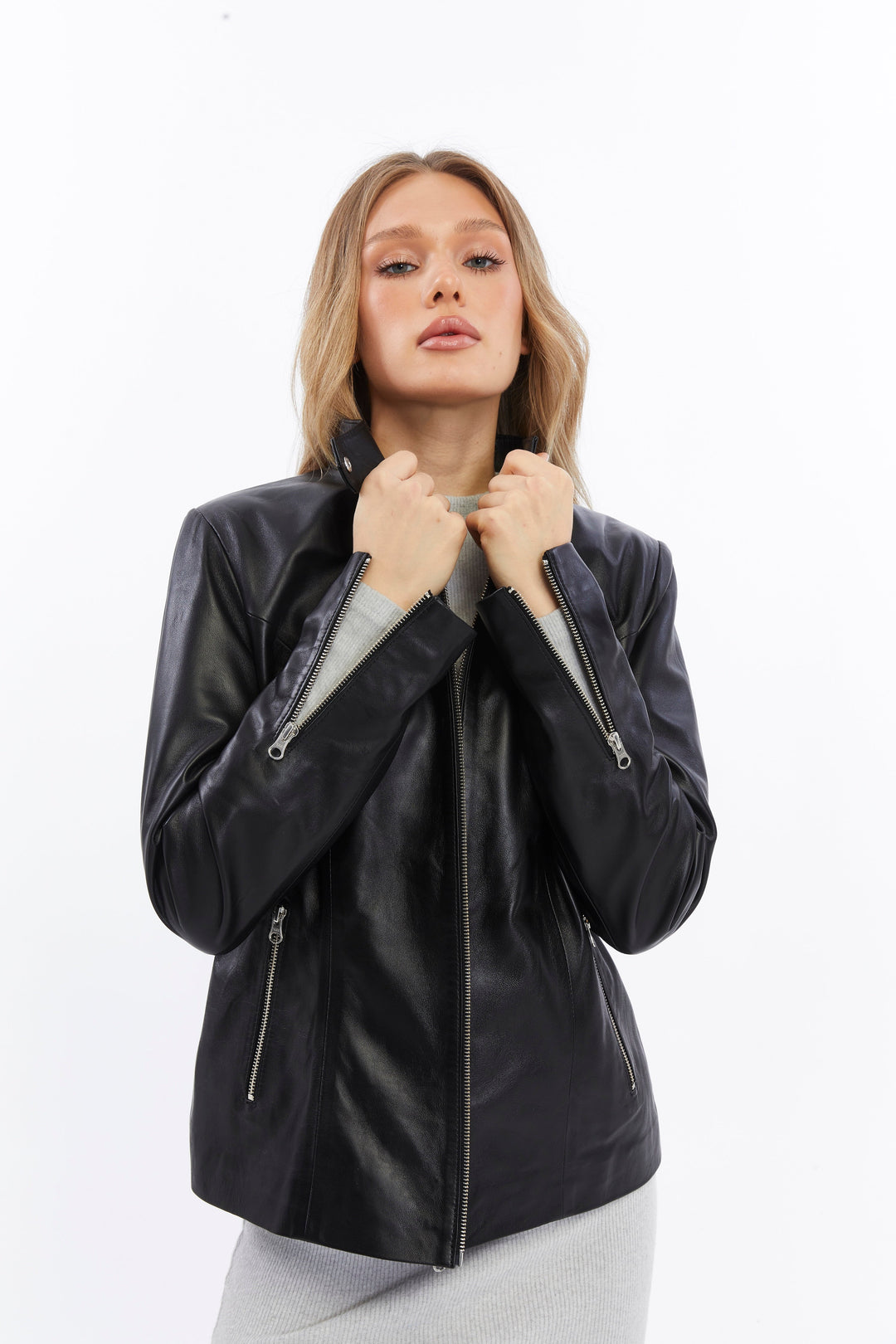 Woman wearing black leather jacket