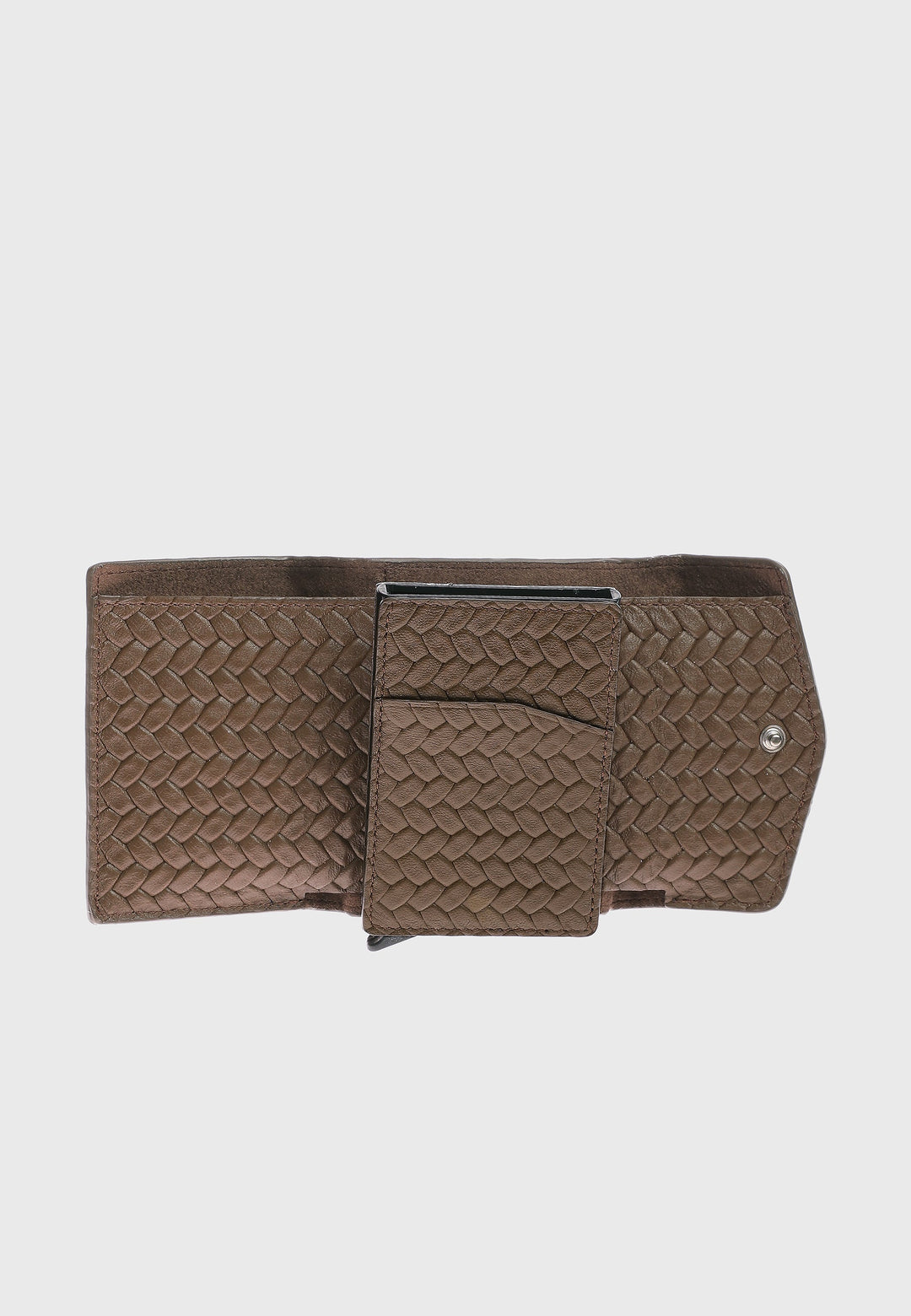 Brown woven genuine leather snap wallet