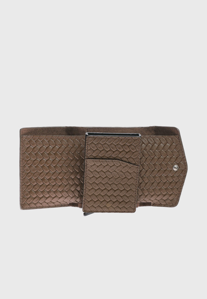 Brown woven genuine leather snap wallet