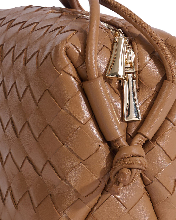 Tan woven leather crossbody bag