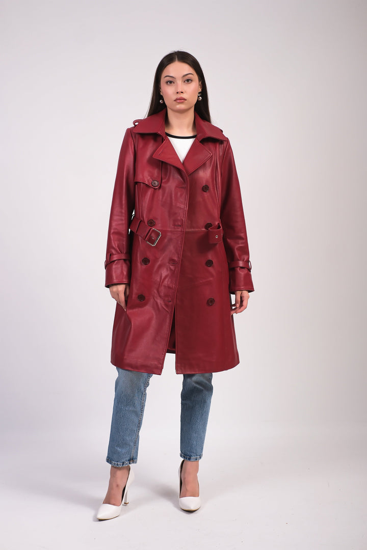Woman wearing burgundy leather trench coat