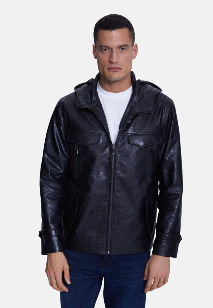 Man wearing black leather hooded jacket