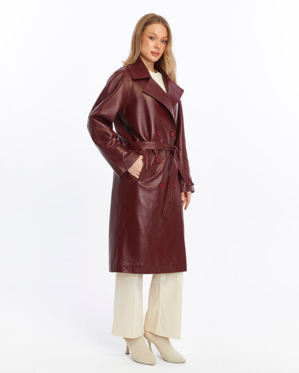 Burgundy leather trench coat on model