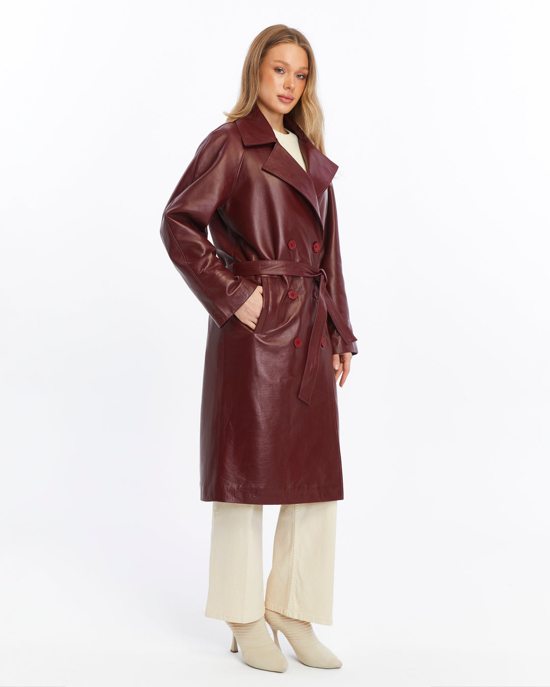 Burgundy leather trench coat on model