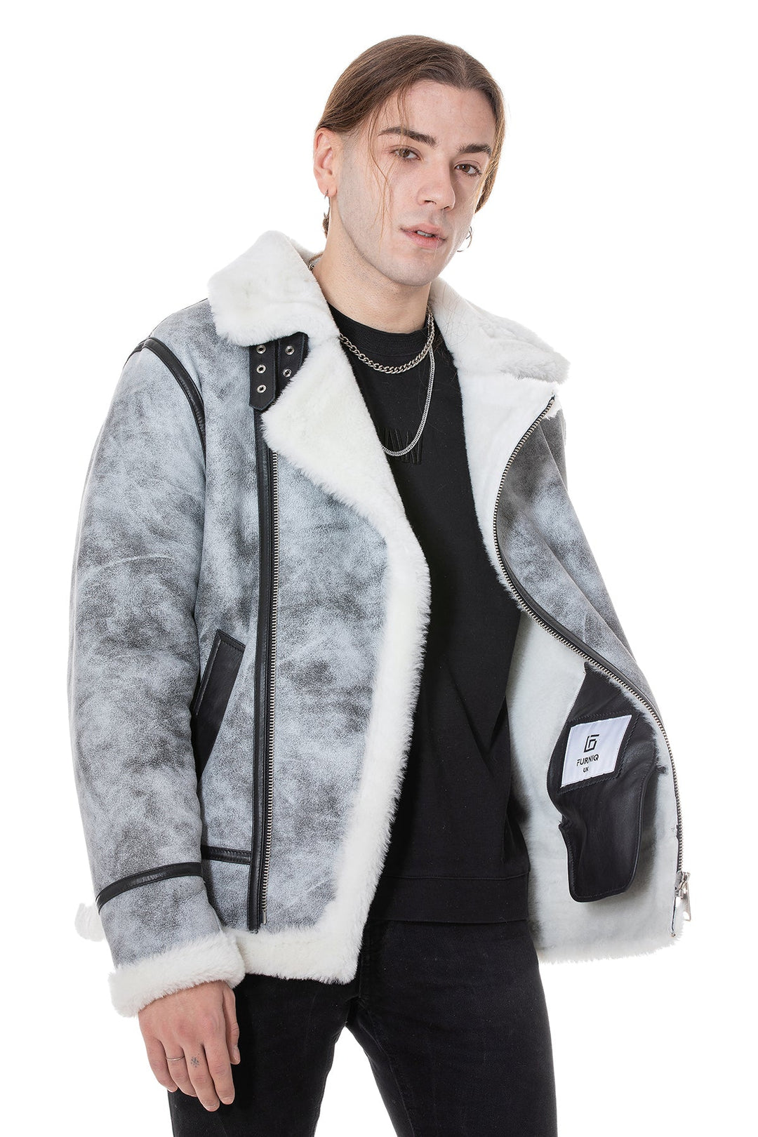 Man wearing grey shearling jacket