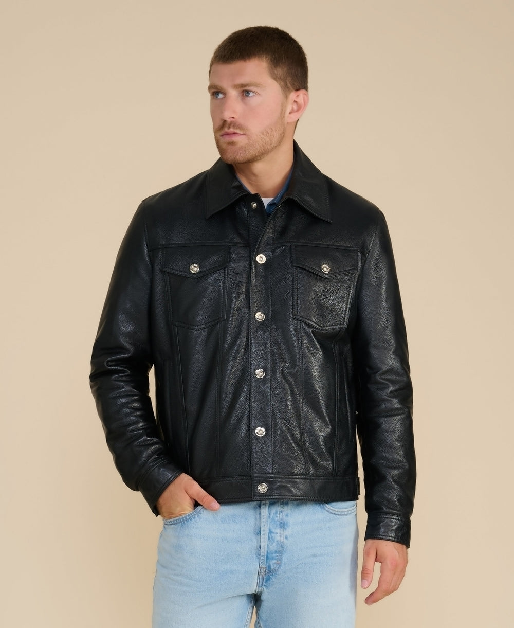 Man wearing black leather jacket