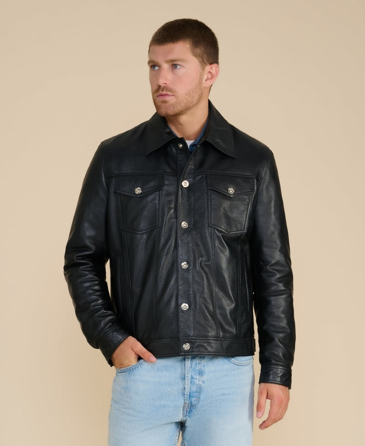 Man wearing black leather jacket