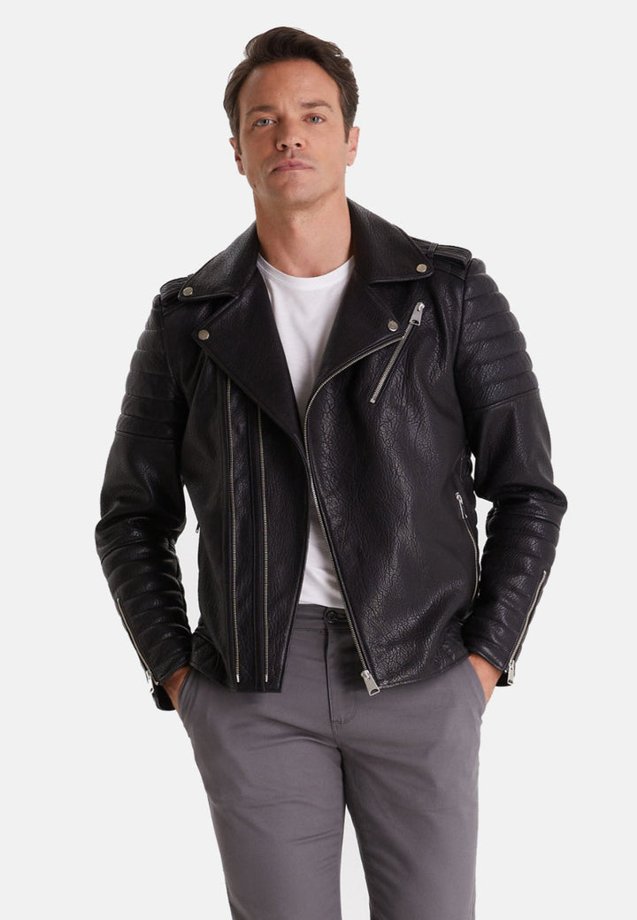 Man wearing black leather biker jacket