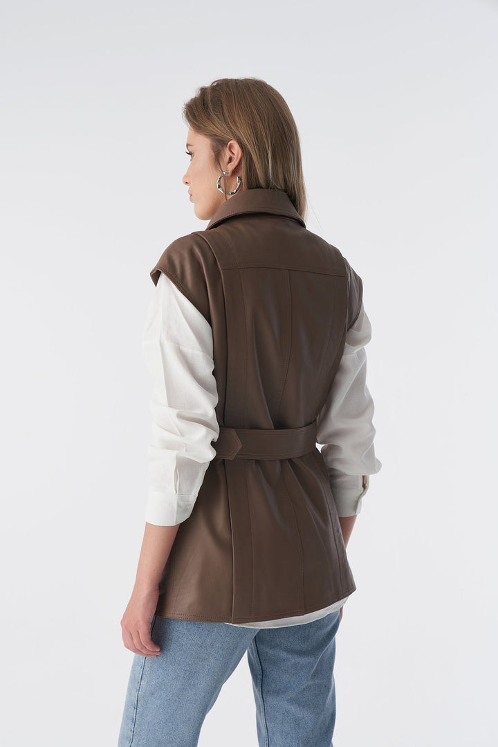 Brown leather vest on model