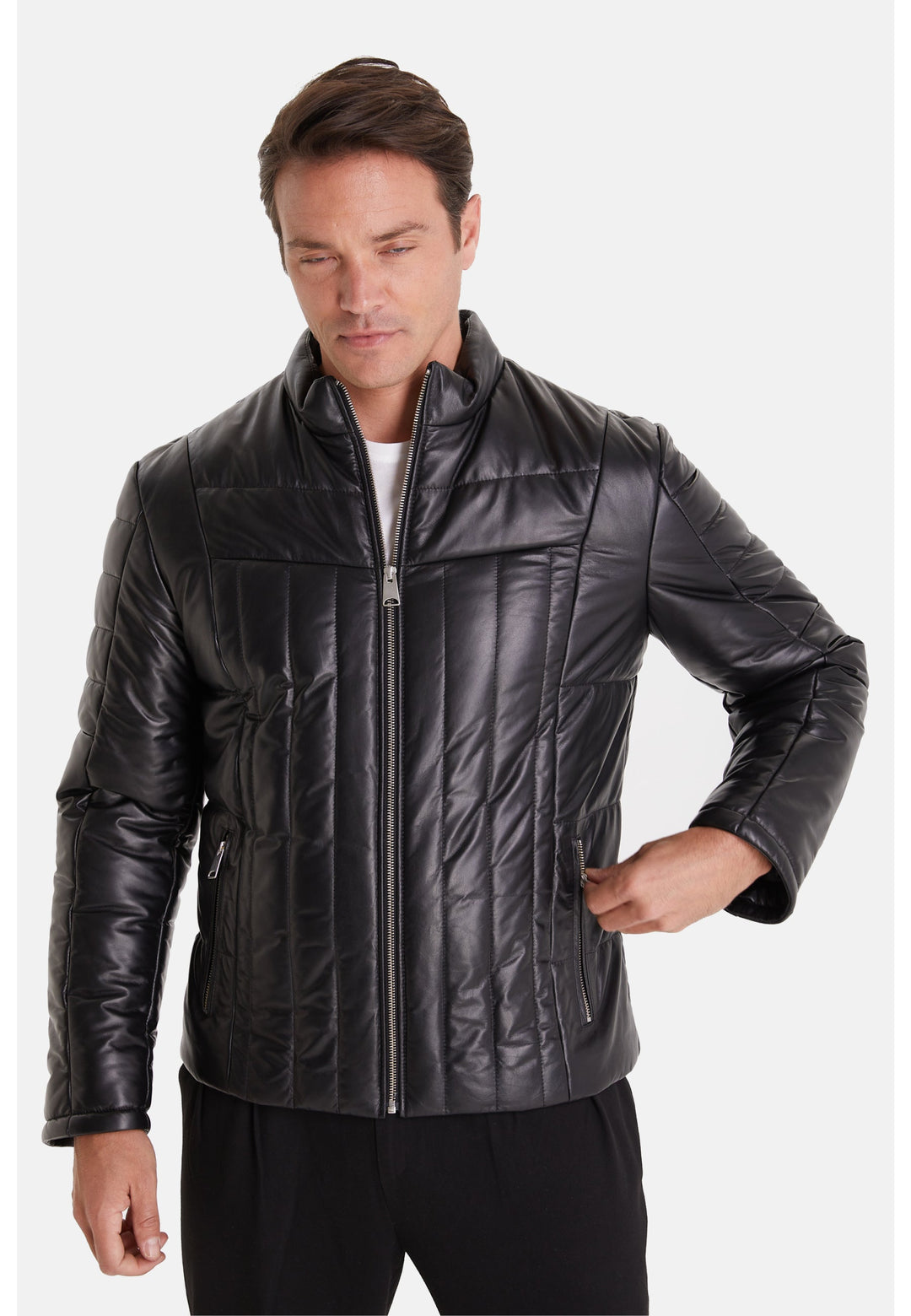 Black quilted leather jacket on model