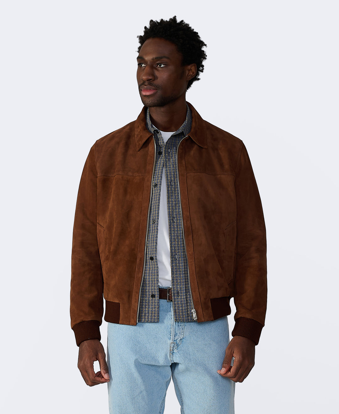 Brown suede bomber jacket on model