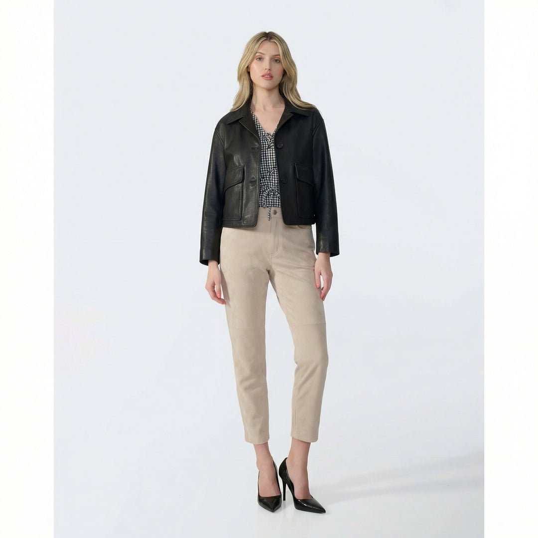 Serena women's beige suede pants styled with black leather jacket full length look