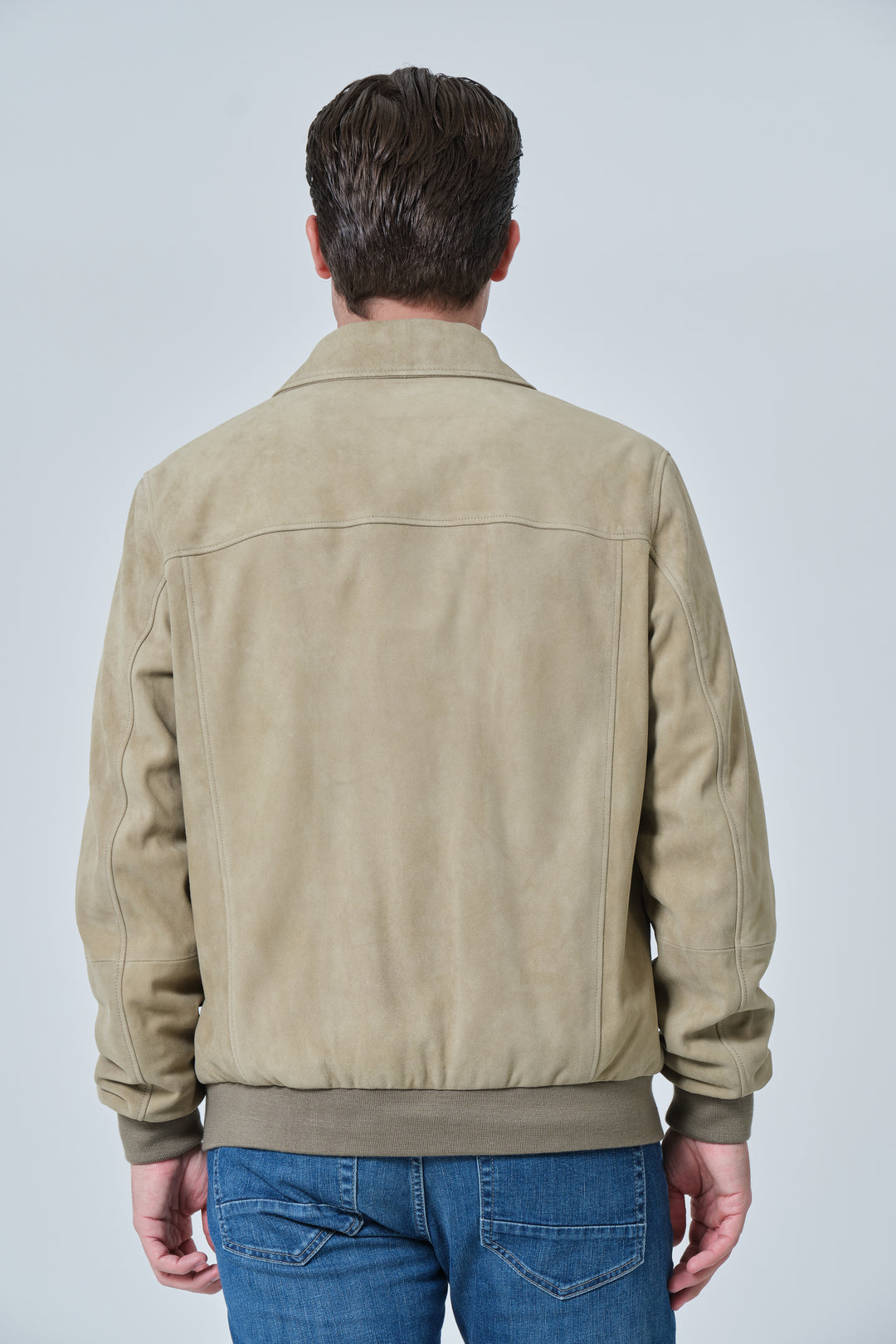 rear view Freddie sage green suede jacket collar and zip detail