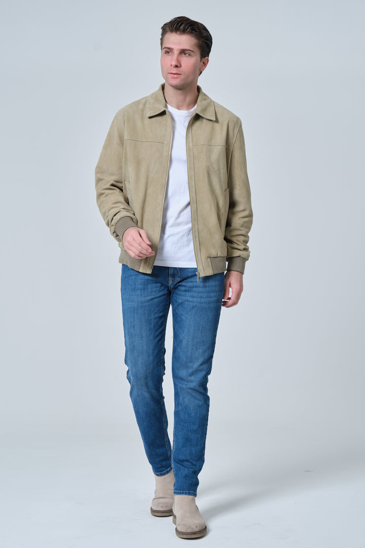 Freddie Men's Sage Green Suede Bomber Jacket in 100% British premium suede