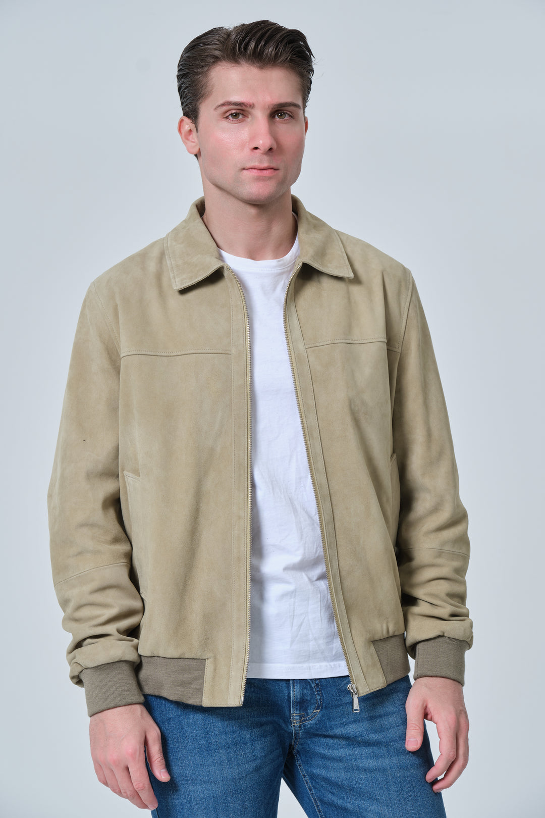 Freddie Men's Sage Green Suede Bomber Jacket in 100% British premium suede