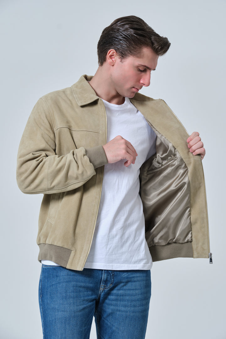 Interior lining detail of Freddie sage green suede bomber jacket