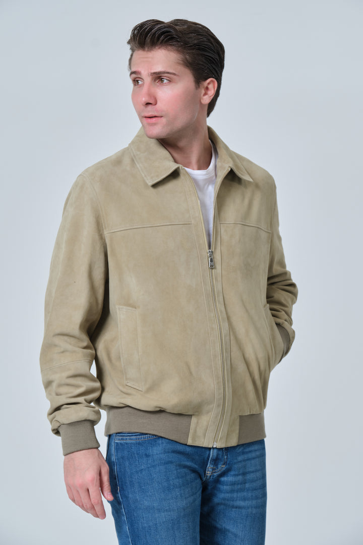 Side profile of Freddie men's sage green suede bomber jacket