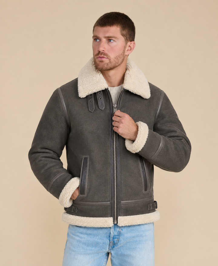 Frederick dark gray shearling aviator jacket front view with beige shearling collar and cuffs