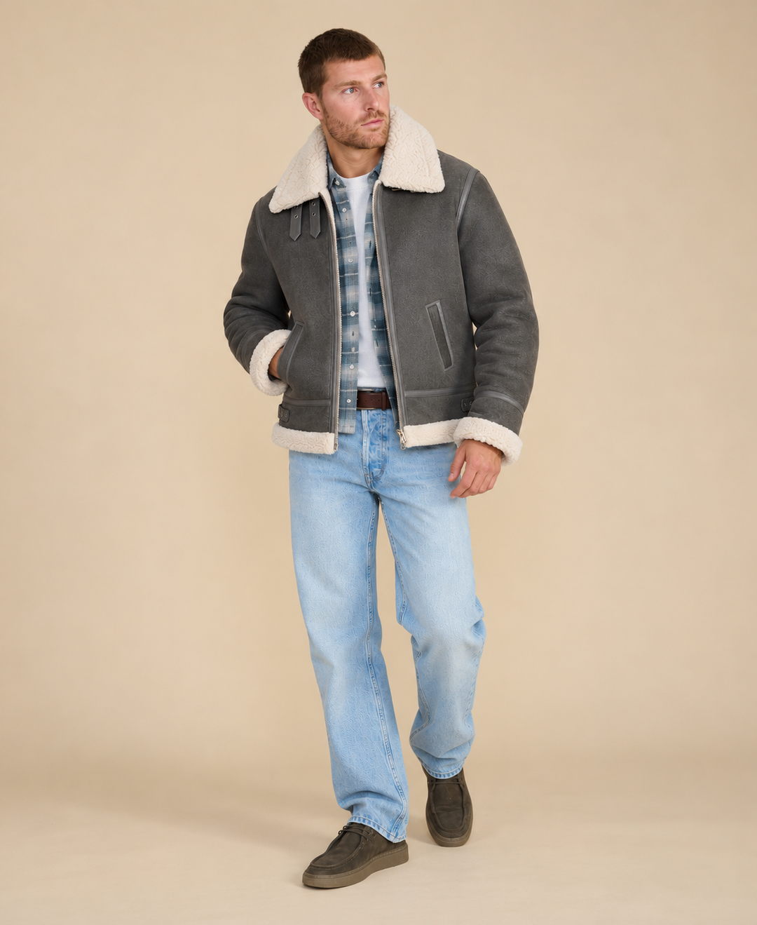 Frederick luxury men's shearling jacket in dark gray styled with denim for Fall Winter 2026