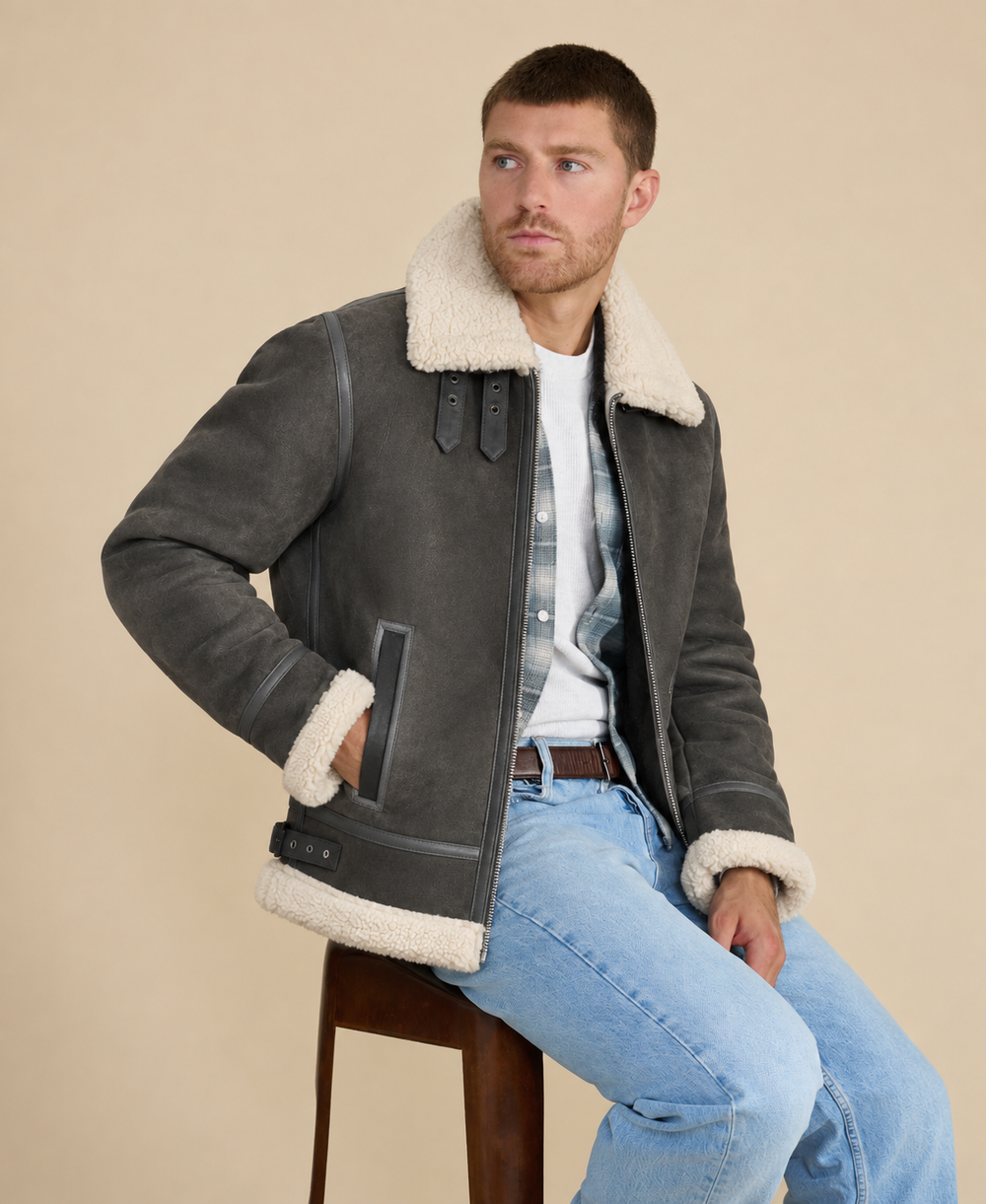 Frederick men's dark gray shearling aviator jacket with beige curly shearling by FURNIQ UK