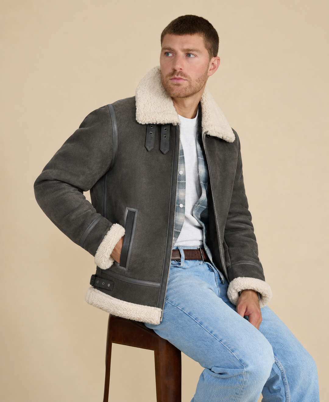 Frederick men's dark gray shearling aviator jacket with beige curly shearling by FURNIQ UK