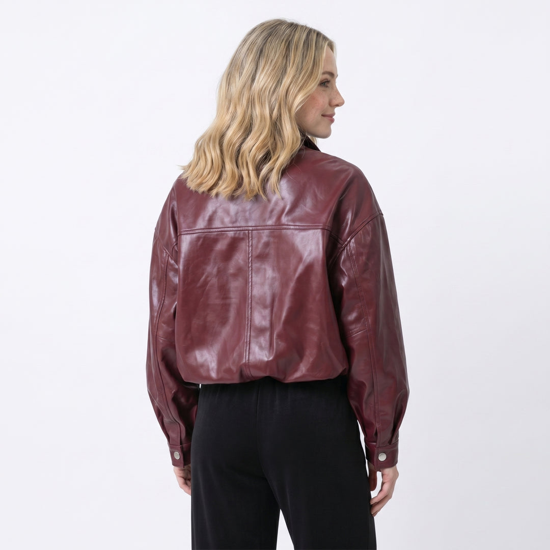 Back view of burgundy nappa leather jacket relaxed fit women