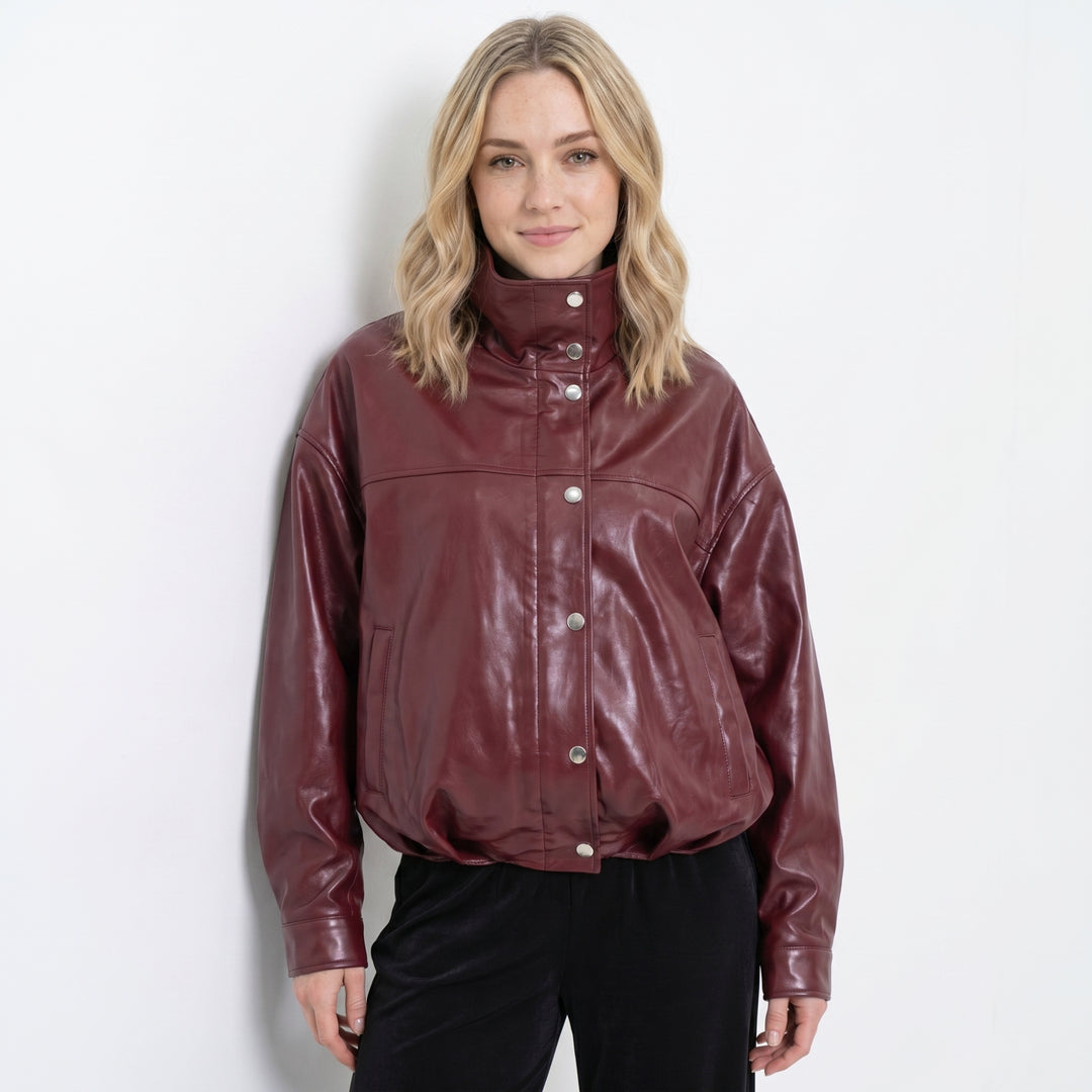 Women's burgundy nappa leather jacket front view high neck FURNIQ UK