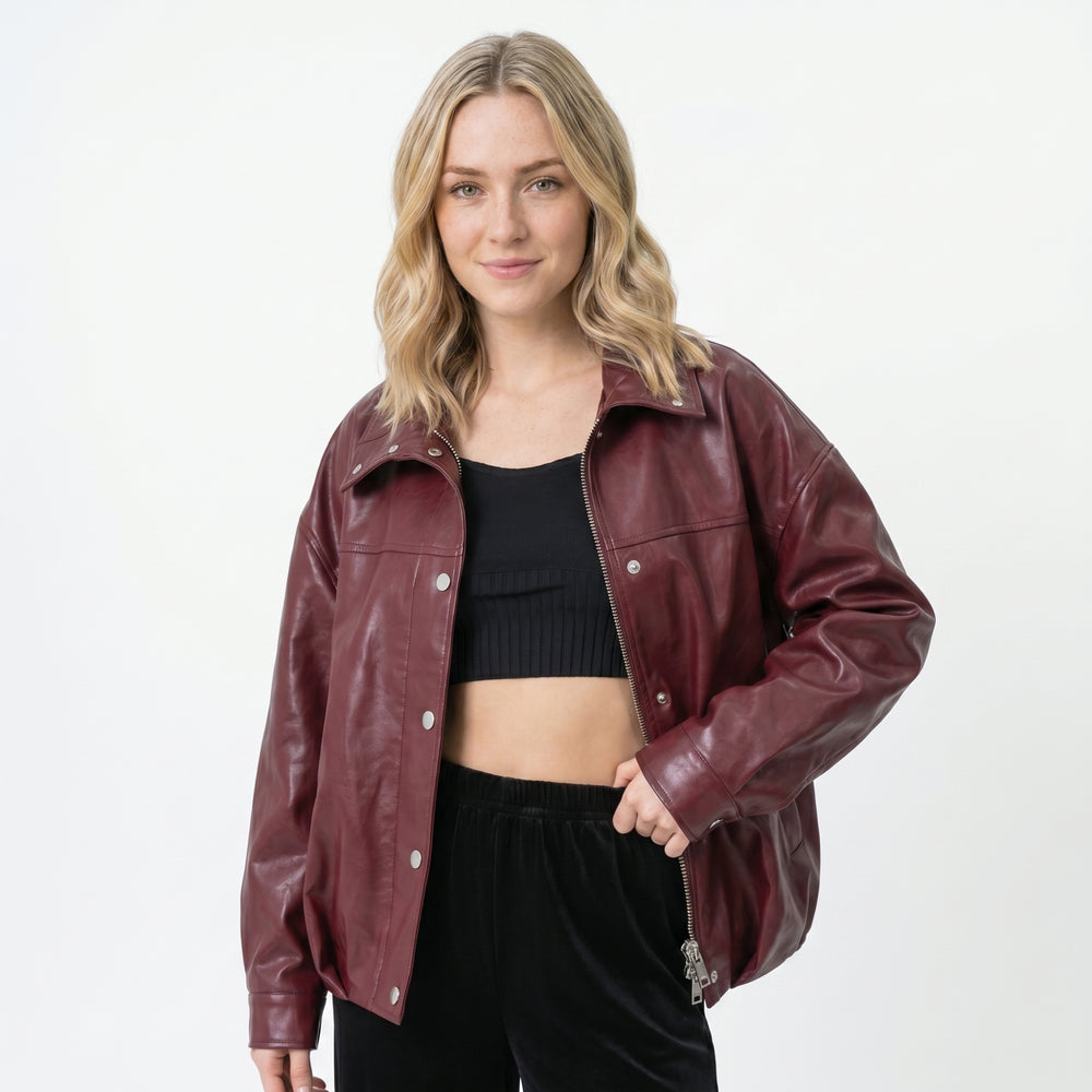 Women's burgundy leather jacket open styling premium British leather