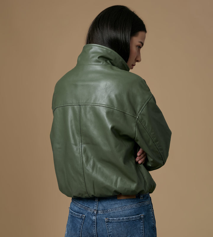 Back view khaki nappa leather jacket relaxed fit women