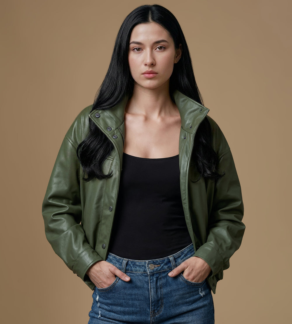 Women's khaki leather jacket open styling premium British leather