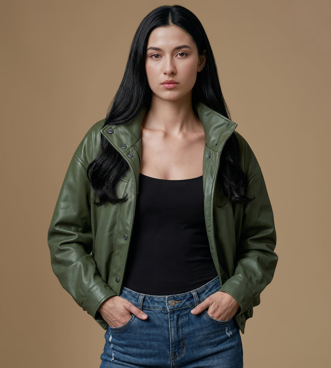Women's khaki leather jacket open styling premium British leather