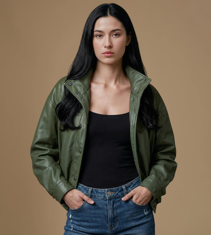 Women's khaki leather jacket open styling premium British leather