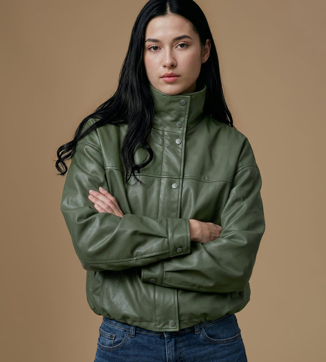 Women's khaki nappa leather jacket front view funnel neck FURNIQ UK
