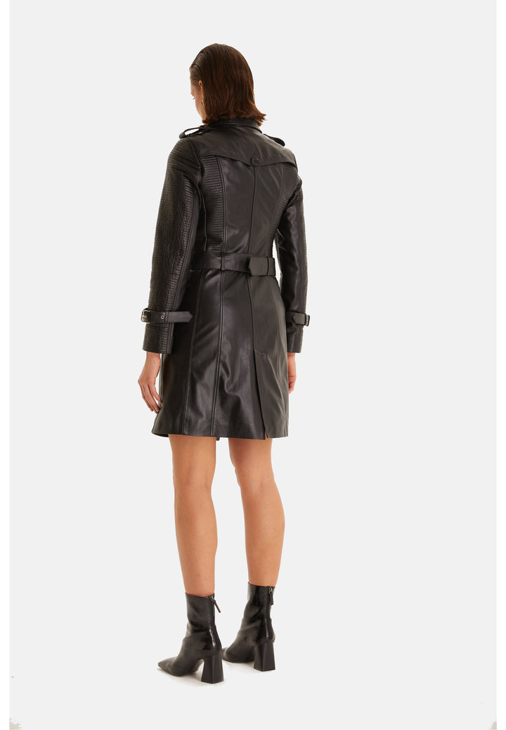 Back view of the Greenwich black leather trench coat showing the storm flap, waist belt and rear vent.