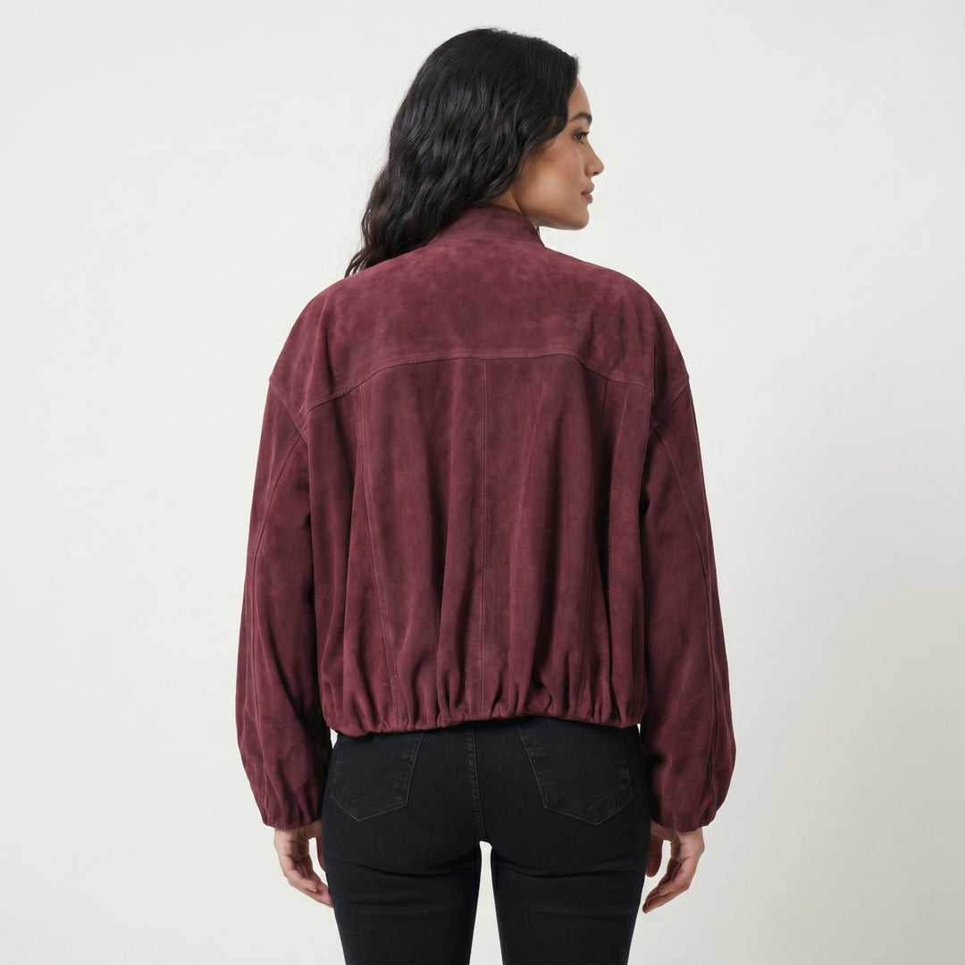 Back view burgundy suede jacket relaxed fit women