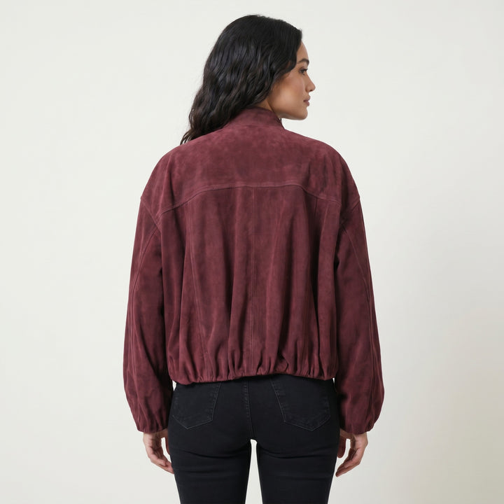 Back view burgundy suede jacket relaxed fit women