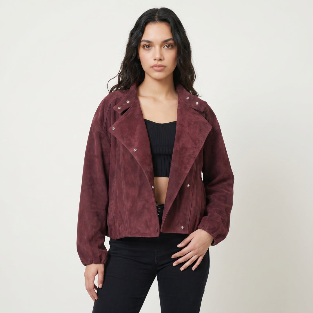 Women's burgundy suede jacket front view asymmetric design FURNIQ UK