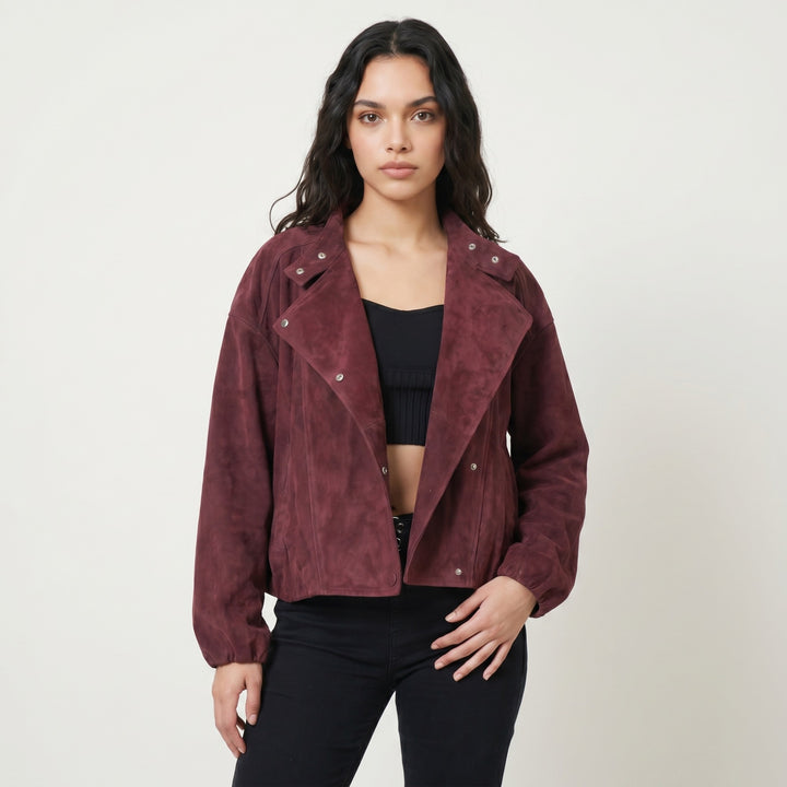 Women's burgundy suede jacket front view asymmetric design FURNIQ UK