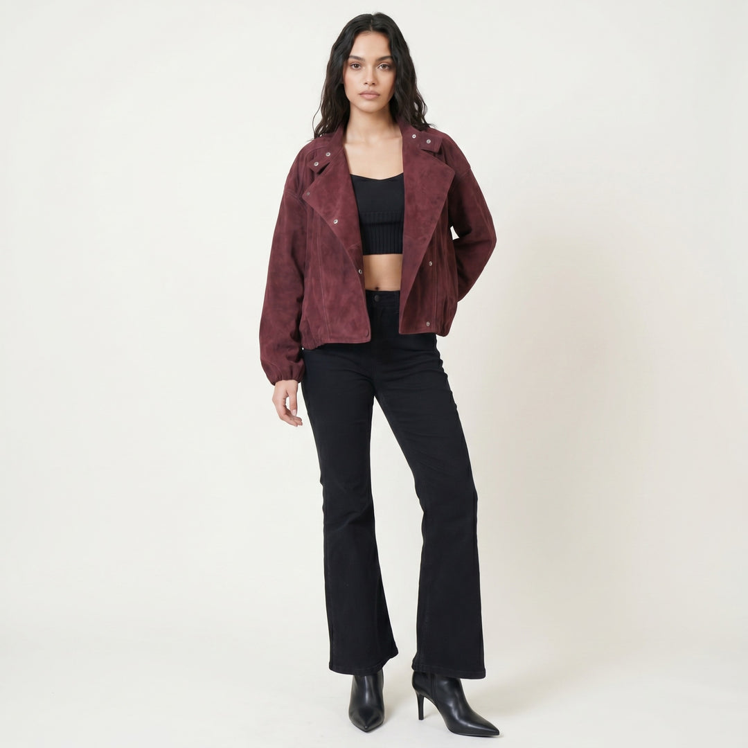 Full body look burgundy suede jacket styled with black outfit