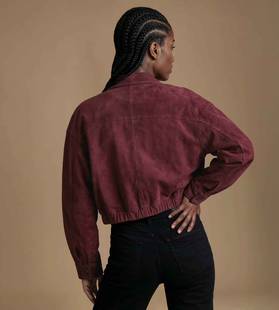 Back view burgundy suede jacket relaxed fit women