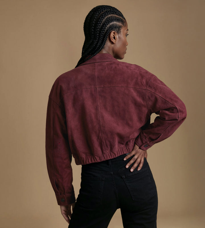 Back view burgundy suede jacket relaxed fit women