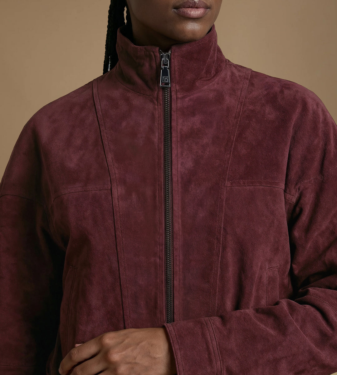 Close-up burgundy suede jacket texture and zip detail