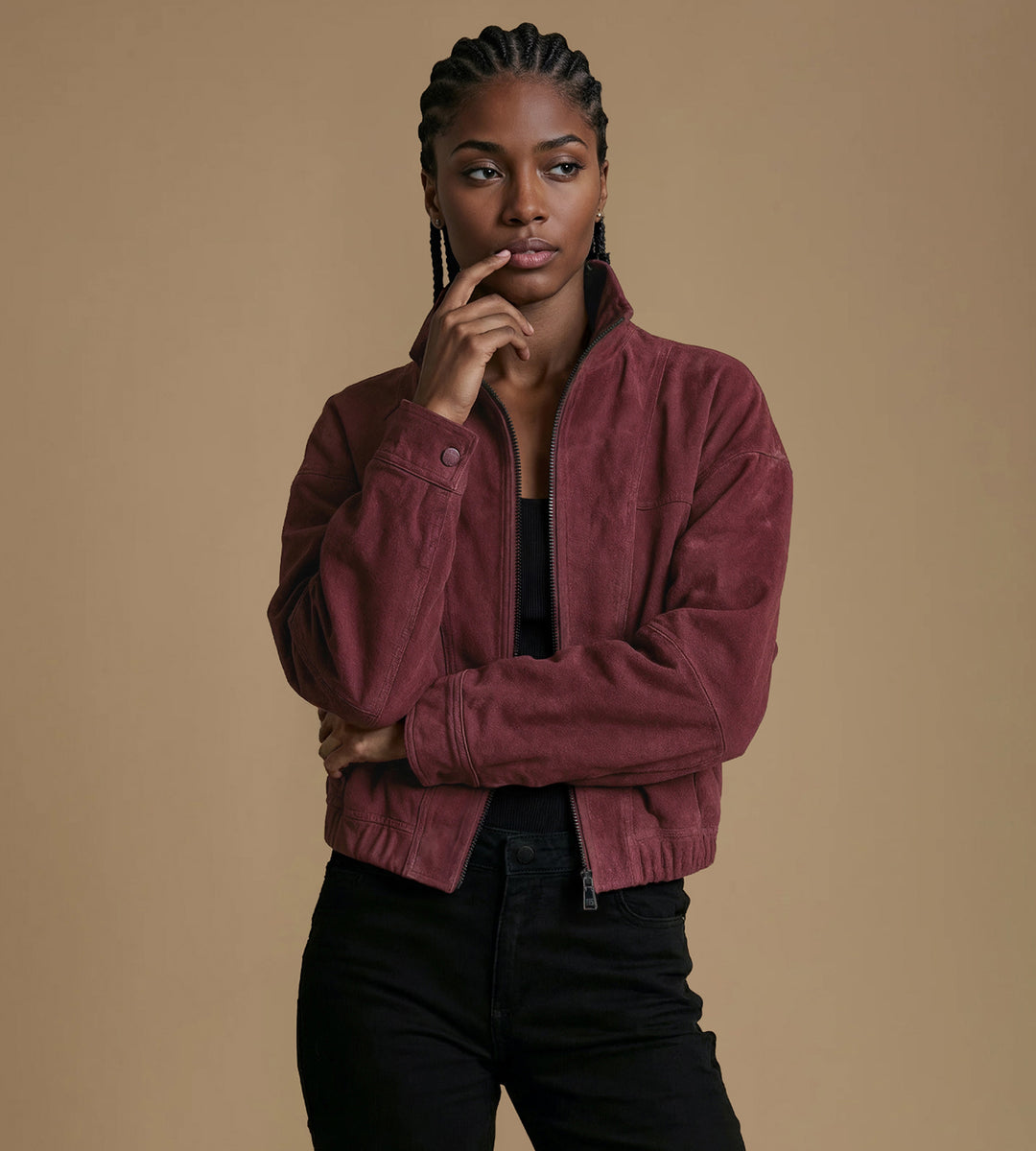 Burgundy suede jacket women front view zip up high neck open jacket