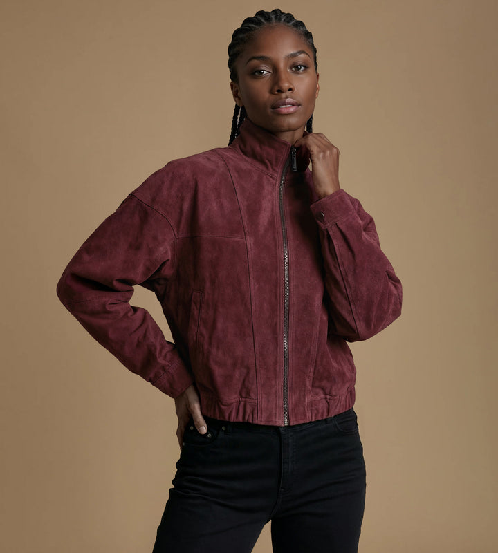 Burgundy suede jacket women front view zip up high neck