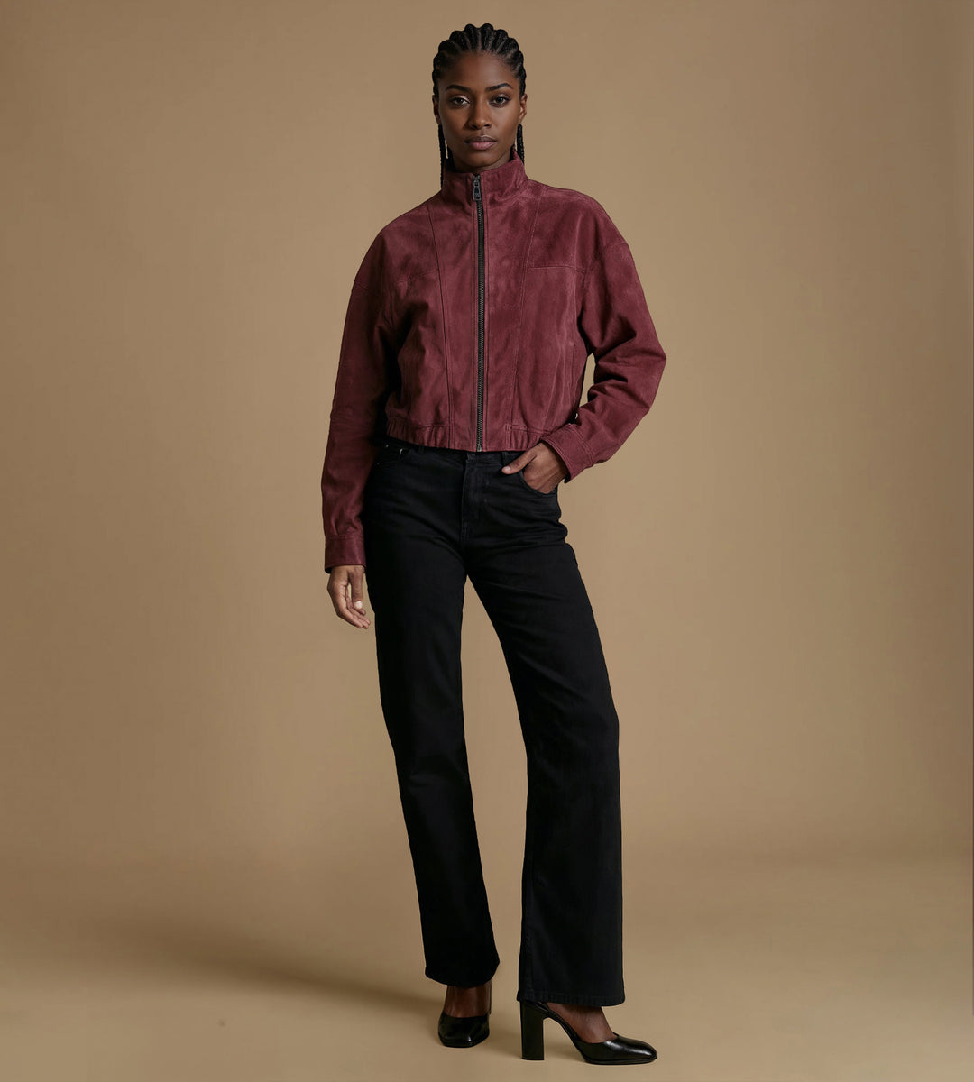 Women's burgundy suede jacket full body look premium suede FURNIQ UK