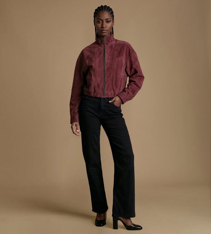 Women's burgundy suede jacket full body look premium suede FURNIQ UK