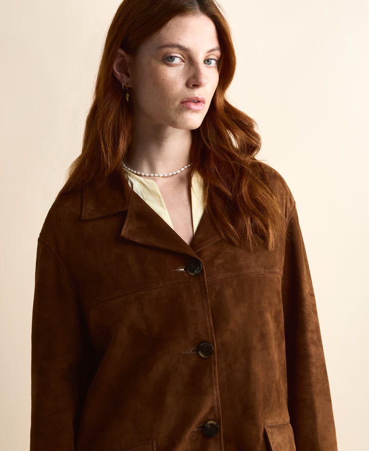 Close-up of the Vera chestnut brown suede jacket showing the notched collar, buttons and suede texture.