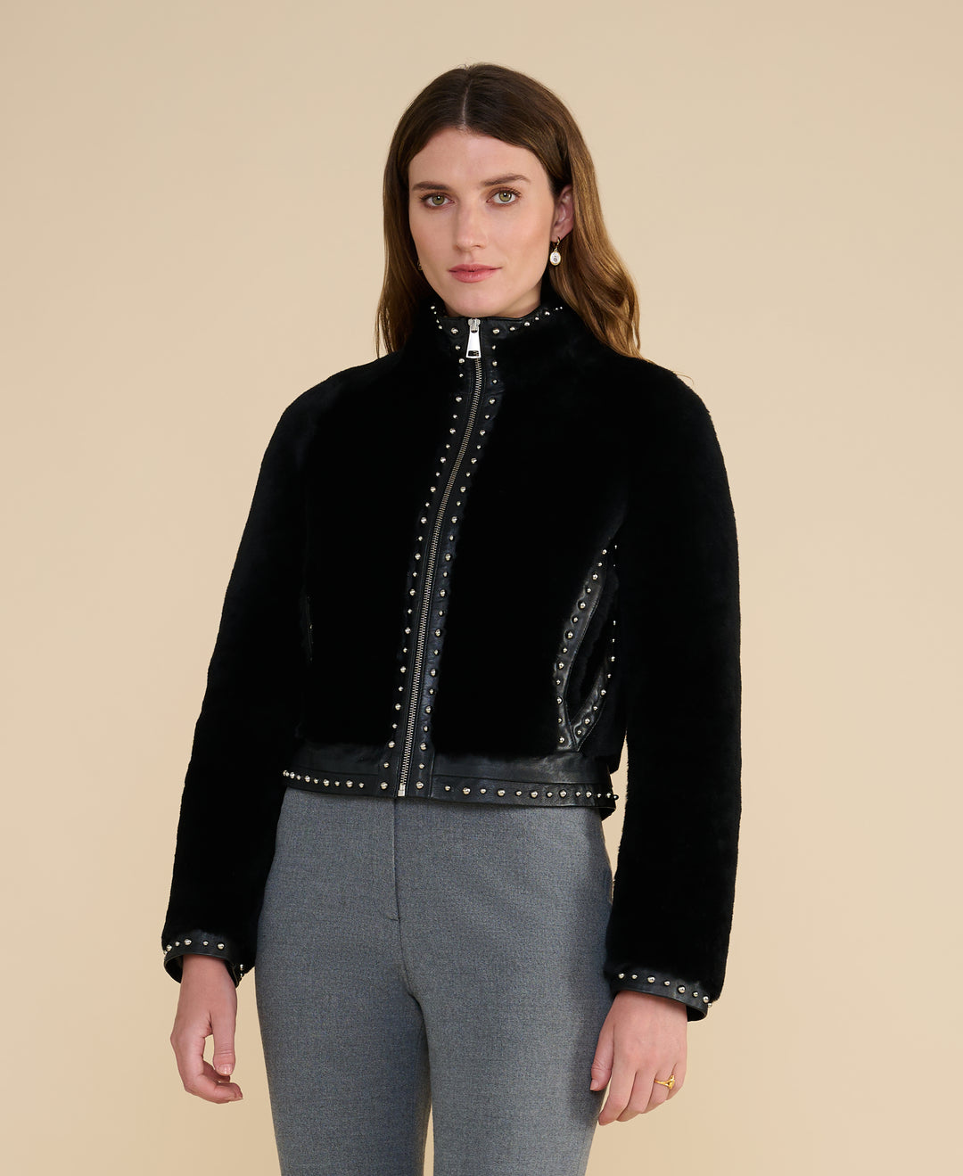 Harper black studded shearling jacket front view with stand collar and stud detailing