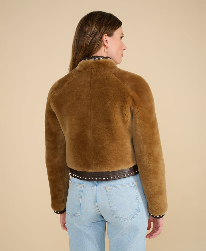Harper ginger shearling studded jacket back view brown leather trim