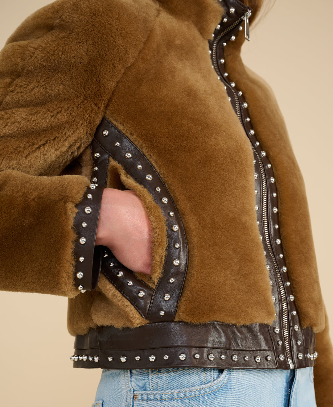 Harper shearling jacket texture detail ginger wool close up